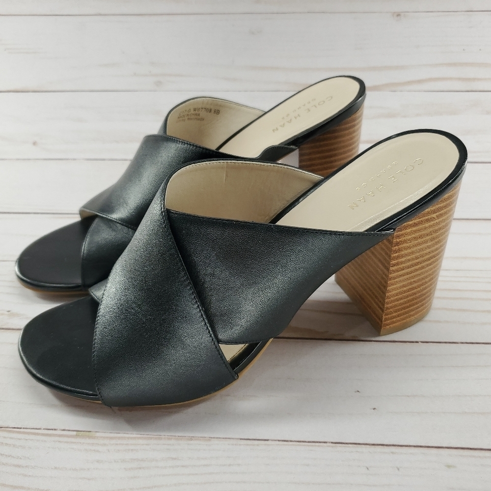 Cole Haan Womens Size 8 Black Sandals Grand Gabby Criss Cross Block Heel W07708